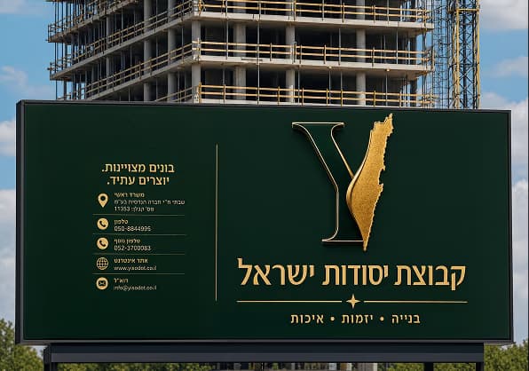 שלט חוצות של קבוצת יסודות ישראל עם פרטי התקשרות, מול בניין בשלבי בנייה